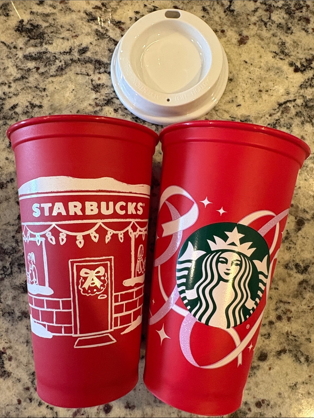 Starbucks Red Holiday Reusable Cups with White and Green Accents